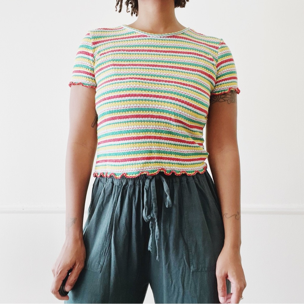 zara trafaluc striped multicolor crochet tee